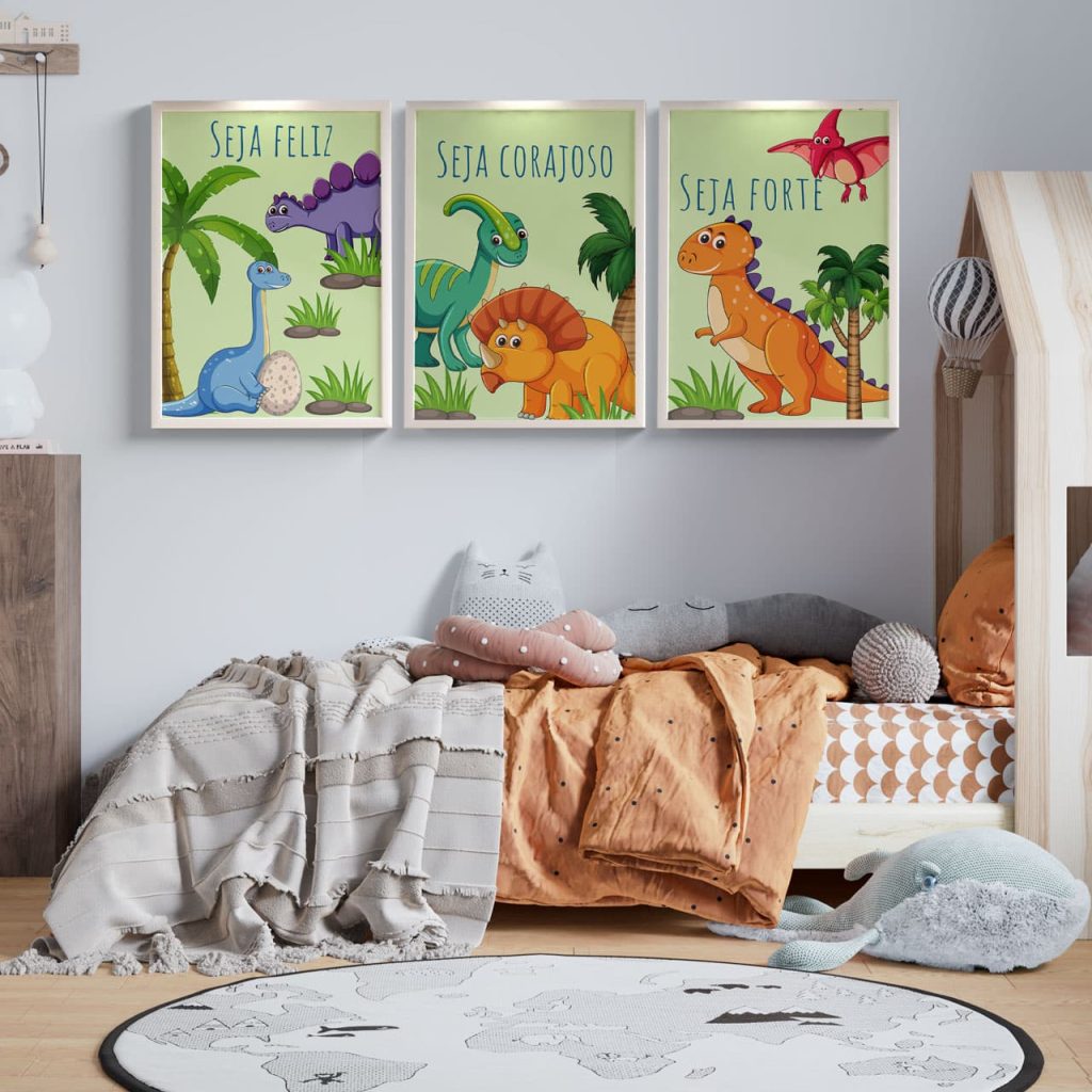quarto com tema dinossauros e 3 quadros infantis com desenhos de dinossauros bebes
