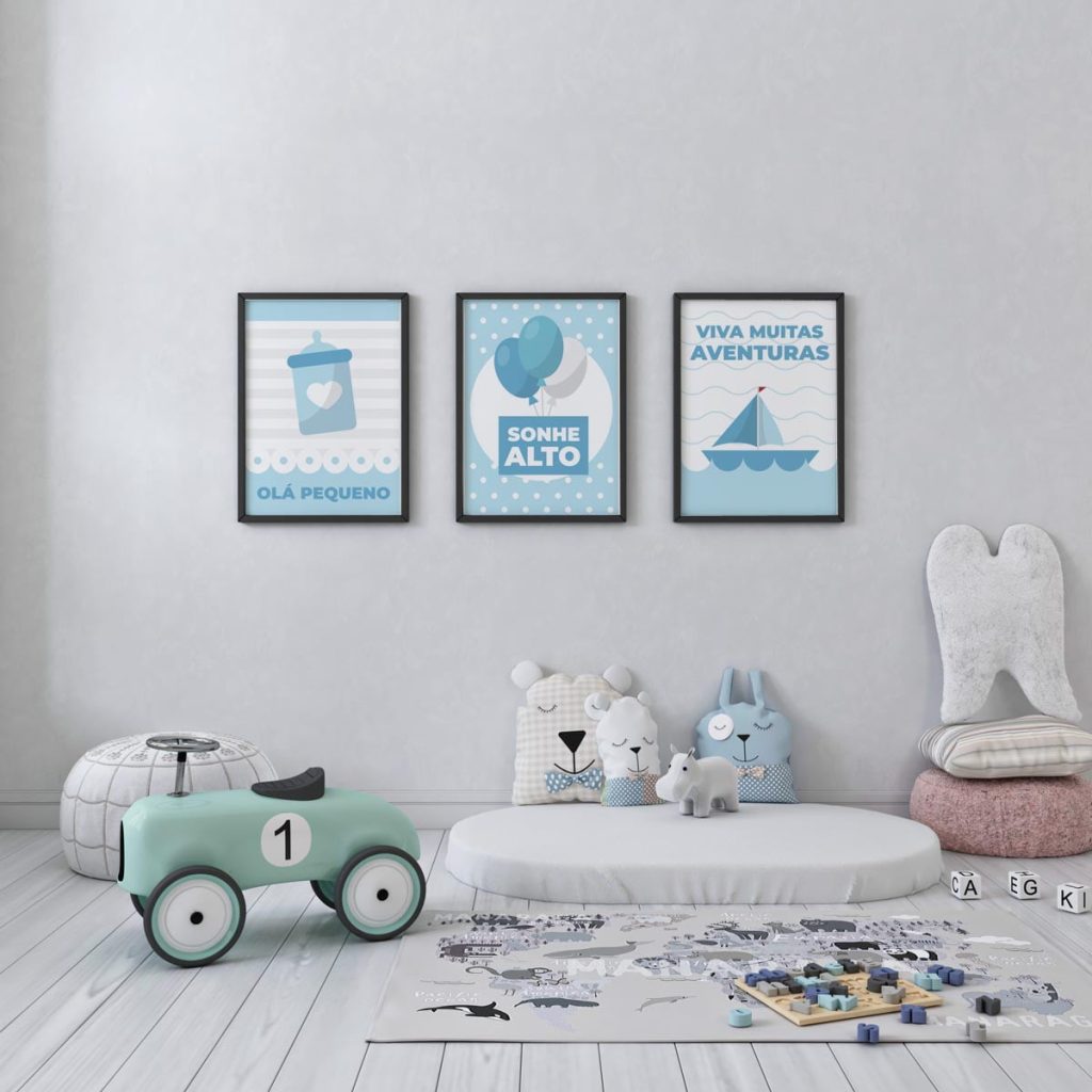 quarto menino com 3 quadros infantis de menino