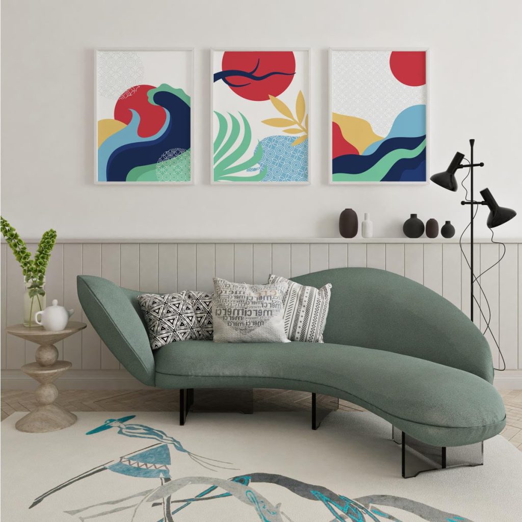 3 quadros na parede de uma sala de consultório com tema minimalistas