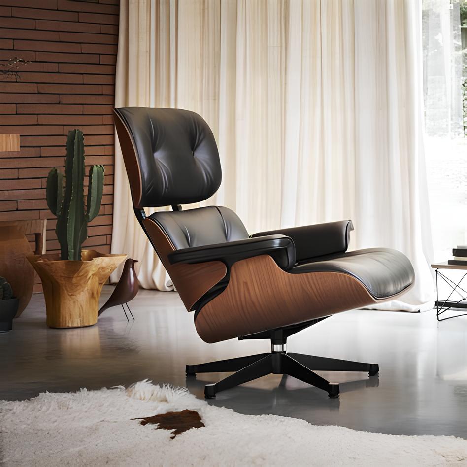 sala de estar com uma poltrona giratória estilo charles eames, atrs um vaso de madeira com um cacto grande , ao lado na lateral cortinas grandes brancas