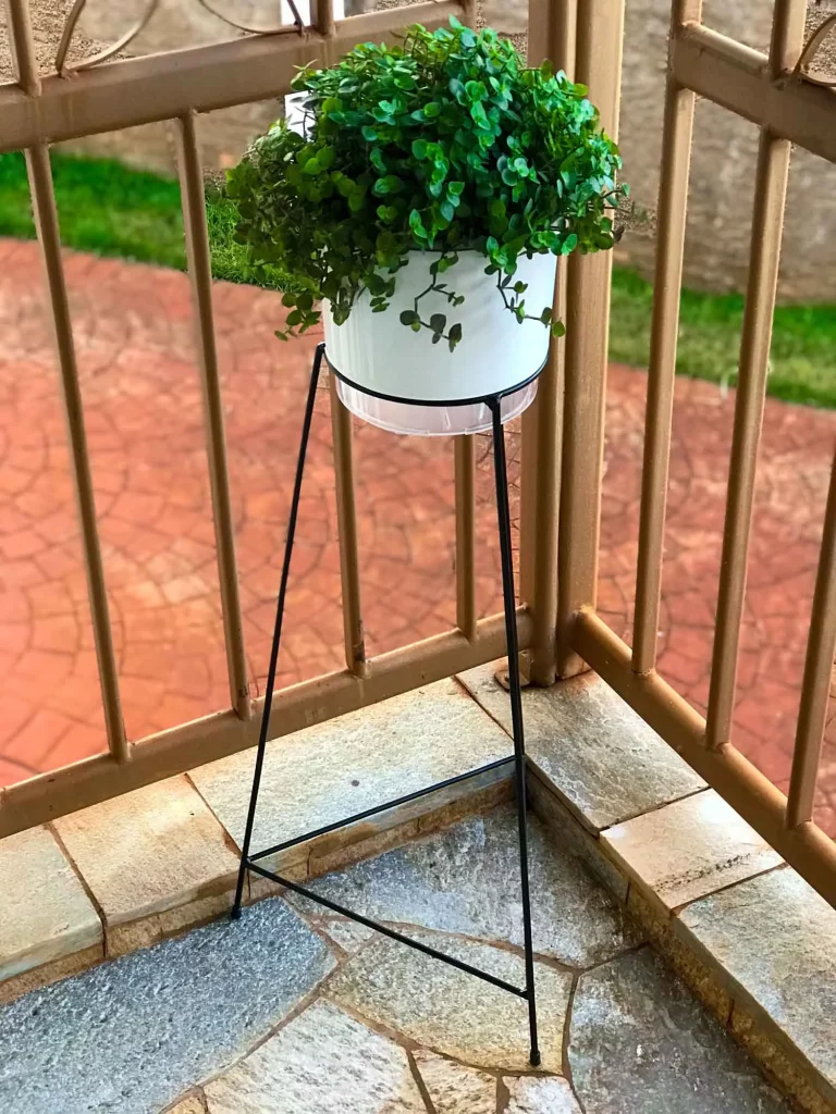 canto lateral de área externa com um vaso cahepo branco com plantas decorando 