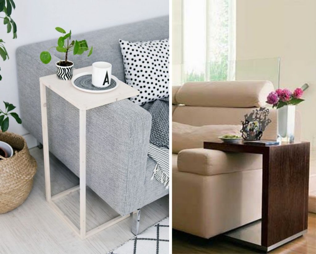 fotos de dois modelos de mesa sofa para sala de estar nos tons branco e amadeirado