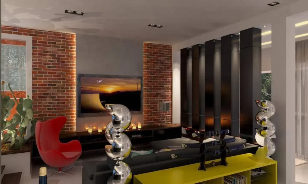sala rústica com decoração moderna e uma poltrona egg na cor vermelha 