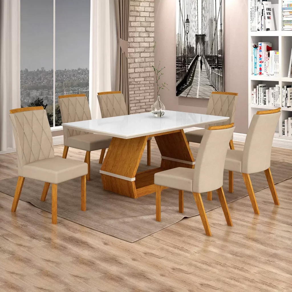 sala de jantar com mesa 6 cadeiras, tapete bege e luz natural