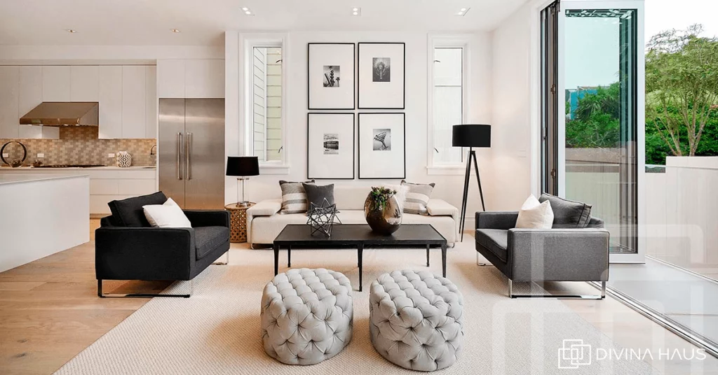 sala decorada barnco, preto e cinza minimalista moderna