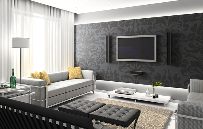 sala decorada com destaque para o papel de parede