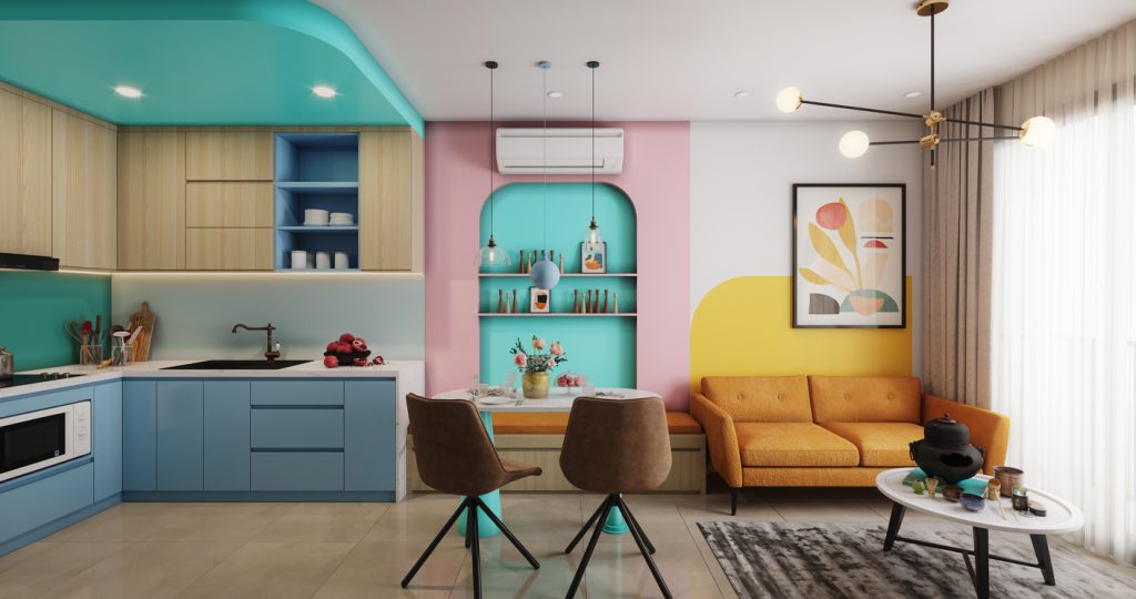 sala integrada com cozinha com uma decoração toda setorizada colorida 