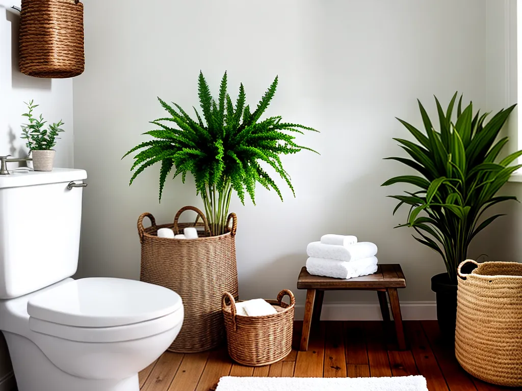 banheiro rustico com dois vasos de plantas grandes na decoração
