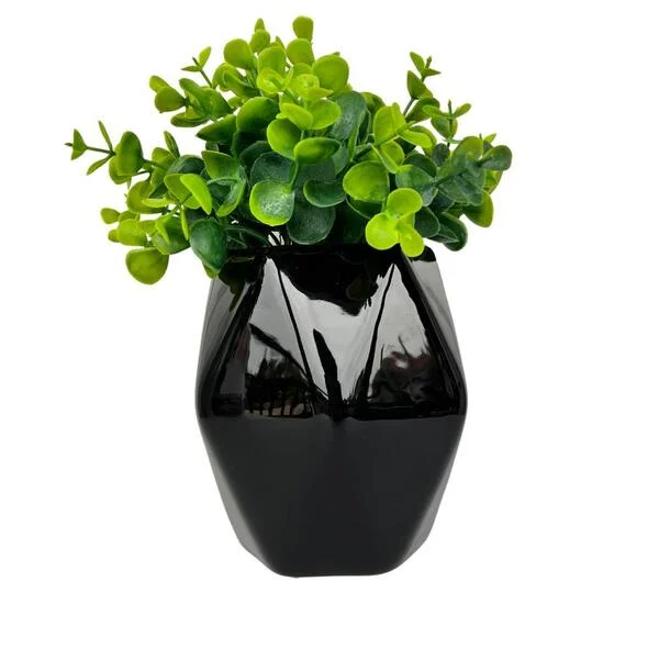 modelo de vaso cachepô preto com planta artificial para decoração 
