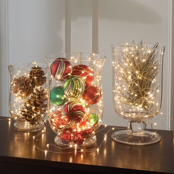 3 vasos de natal de vidro com luzes de fada para decoração