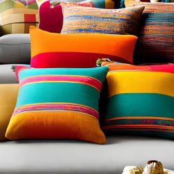 sofá com várias almofadas com capas decorativas em cores quentes.