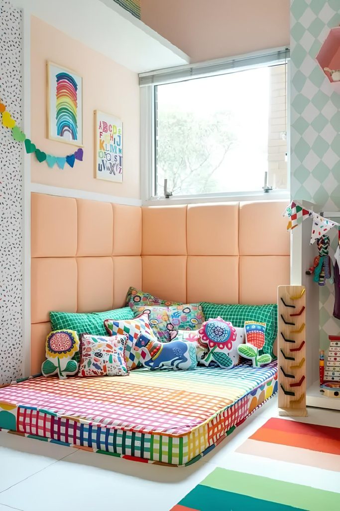 quarto infantil com cama no chão e almofadas coloridas em cima dela , atrás uma cabeceira na cor bege e ao lado vários brinquedos e objetos infantis.