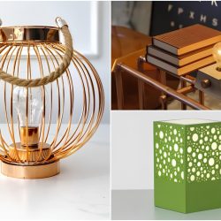 três modelos de luminárias de mesa em diferentes cores e estilos.