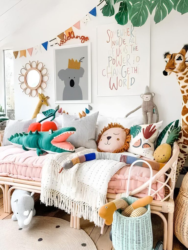 quarto infantil com cama e várias almofadas em formatos de animais, na parede quadro de coala e com frases, ao lado um espelho redondo na parede, ao chão tapete redondo e um cesto de vime com cobra de almofada dentro dele.