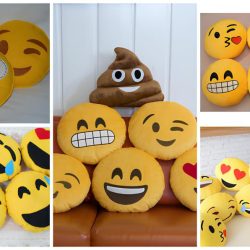 cinco partes demostrando as opções de almofadas de emojis disponíveis para decoração de ambientes.