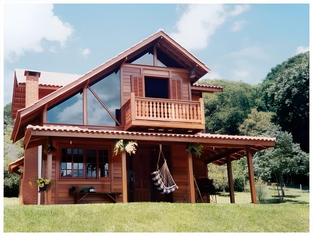 uma casa pré fabricada de madeira com dois andares moderna.