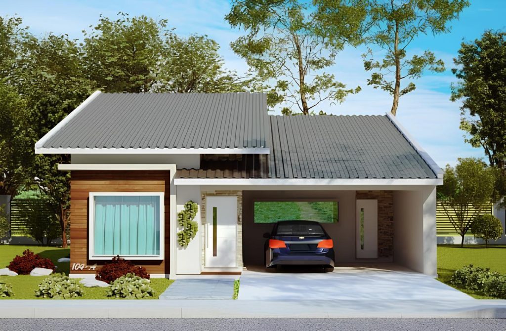 uma casa de alvenaria simples mais moderna com garagem e área verde